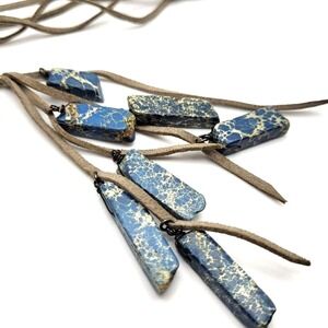 Seven Blue Jasper Slab Beads on Leather Cording / 24" Necklace Plus 6" Y-Drop